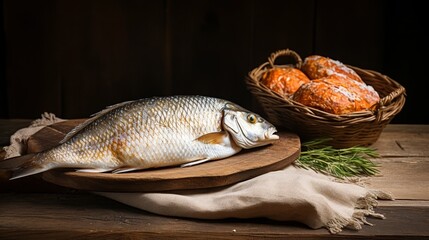 Wall Mural - Fresh fish and homemade bread on rustic wooden table