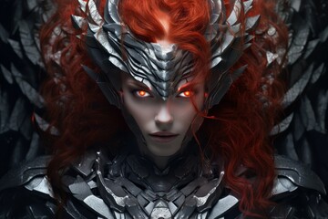 Wall Mural - Fierce fantasy warrior with glowing red eyes and armored headpiece