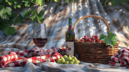 Wall Mural - Blanket with picnic basket bottle of wine and glass realistic
