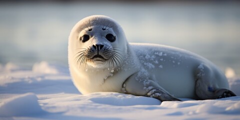 Poster - Adorable baby harp seal resting on snow