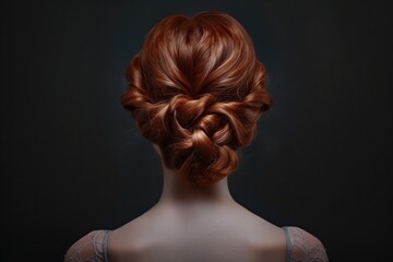 Beautifully braided female hair back view on dark background