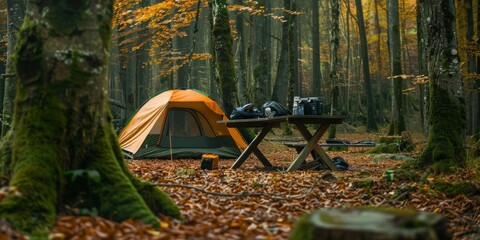 Camping tent is set up in the forest, with an orange colored tent and green cloth on it 