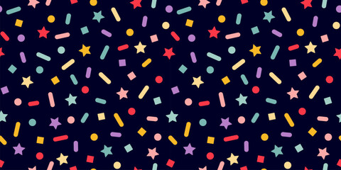 Poster - Vector Seamless Pattern with Color Sprinkles. Colorful Carnaval Confetti Texture. Cake, Ice Cream and Donut Topping Illustration. Funny Dark Background