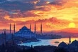 Sunset landscape of Istanbul, Turkey - mosque, bosphorus