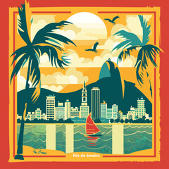 Wall Mural - Vintage travel poster in flat style. Vector illustration with cityscape, palm trees and skyscrapers.