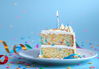 Wall Mural - slice of funfetti cake with one candle and colorful ribbons on blue background, representing the joyous celebration during your special day Generative AI