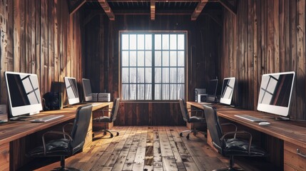 Poster - wooden coworking interior with pc computers on desks in row, panoramic window hyper realistic