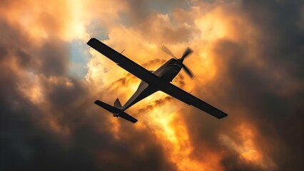 Small plane flying through cloudy sky silhouette against overcast background propeller spinning. Concept Airplane Photography, Atmospheric, Dramatic Clouds, Flying Propeller, Silhouette Flight