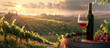 Wine barrel, bottle of wine and glass with wine on the background of the vineyards of Tuscany. Horizontal banner. Background.
