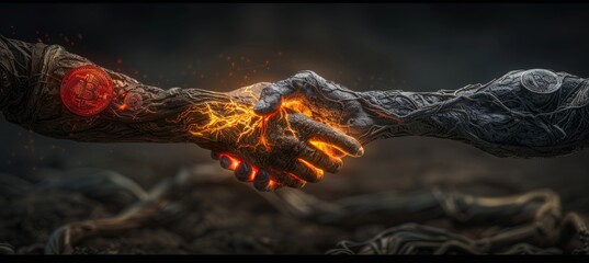 Poster - Digital handshake  glowing avatars connect over cryptocurrency symbols network in banner