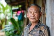 Portrait of a content elderly asian man with a gentle smile, standing by his house