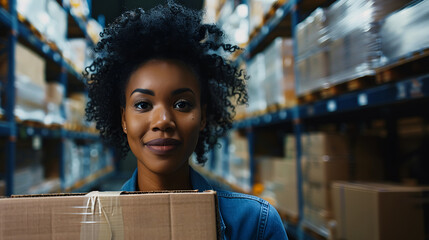 Wall Mural - African American online sales delivery woman with a smile on her face in the warehouse about to send a package