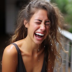 Poster - Joyful woman laughing with wet hair