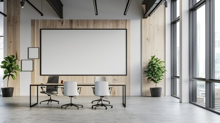 Wall Mural - Modern office interior with empty poster on wall, contemporary furniture and clean design, concept of a professional workspace. 3D Rendering hyper realistic 