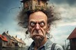 Whimsical portrait of an eccentric old man with a quirky expression and a wooden cabin in the background