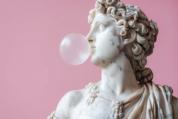 Wall Mural - antique marble male statue blowing a bubble from gum, on a pink background with copy space