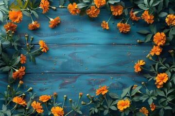 Wall Mural - orange marigolds flowers border frame on blue wooden background top view, beautiful floral template with copy space