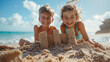 Two cute kids, brother and sister, playing on beach, building sand castle and having fun on summer holiday on seaside. Generative AI