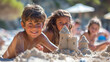 Cute kids playing on beach, building sand castle and having fun on summer holiday on seaside. Generative AI