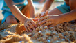 Close up of kids hands playing in sand, building castle and having fun on summer holidays on beach. Generative AI