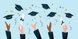 Happy graduate students hands throwing graduation caps. Hands holding diploma graduation. Silhouette high achievements. Graduation event. Flat design modern vector illustration concept