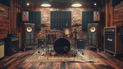 Wall Mural - Photo of well-equipped music studio with drum kit and powerful speakers.

