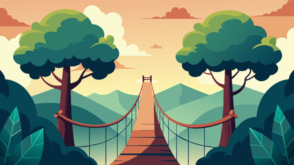 Wall Mural - A long rope bridge suspended between two towering trees representing the stoics journey towards inner peace and enlightenment.. Vector illustration