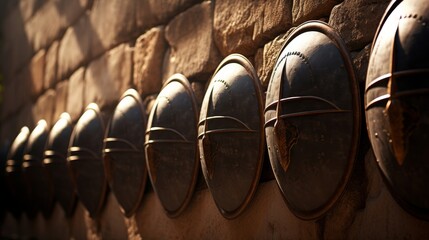 Hoplite formation shields creating unbreakable wall sun casting dramatic shadows