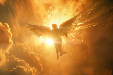 Canvas Print - An angel with wings flies opposite the sun in the sky. Golden hour. The ascent of an angel