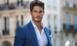 A handsome male model wearing a white dress shirt and a blue blazer. Street fotoshooting