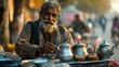 Indian street seller selling tea- masala chai in Jaipur. Masala chai is a beverage from the Indian subcontinent made by brewing tea with a mixture of aromatic Indian spices and herbs.

