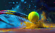 A tennis ball hitting a racket, colorful powder