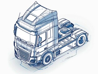 A simple line drawing illustration of a realistic electric truck cabin, depicted in grey lines with a few blue highlights on a white background.