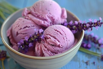 Delicious Homemade Lavender Ice Cream in a Bowl. Tasty Dessert Ball with Lavandula Flower