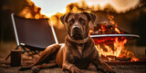 Fototapeta  - Large Brown Dog Relaxing by Campfire on Spring Evening. pet friendly campgrounds, camping with dogs