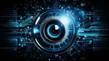 Poster - cybernetic vision hacker or ai robot eye in dark technological environment on digital background