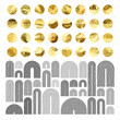 Mid century arch elements, modern geometric shapes. Gold foil, shiny handmade circles. Golden glittering texture, pattern. Contemporary design, minimalist art. Hand drawn lines. Vector illustration