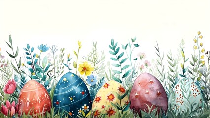Wall Mural - Easter eggs painted with watercolors and decorated with flowers and plants on white background. Concept Watercolor Painted Easter Eggs, Flower Decorations, White Background, Spring Celebration