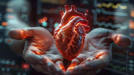 A human heart floating in the palm of two hands, illuminated by medical science holograms, hope and healing for those with cardiovascular issues concept.