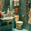 Miniature toy doll room neat bright, cozy, tidy retro toilet room