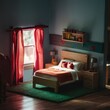 Miniature tiny toy doll house neat cute cozy neat bedroom in warm day light with red curtains