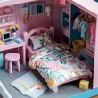 Miniature toy doll house neat cute cozy neat colorful bedroom in pink colors
