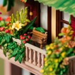 Miniature toy doll house cozy balcony with wooden bench, plants, flowers in pots