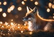 a fox laying in the grass and lit up with the night