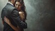 © Business Pics - Sexy woman slow dancing with business man wearing a dark grey suit hugging passionately , the lovely couple doing a graceful dance hyper realistic