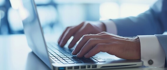 Poster - Close-up image of a business professional's hands typing on a modern laptop, showcasing productivity and technology use in a corporate environment with a blurred office background