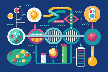 Aufkleber - Colorful illustration of a genetic engineering concept with stylized graphics of DNA strands, cells, atoms, and scientific instruments, all connected by arrows to show interaction