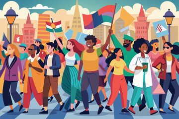 Aufkleber - A colorful illustration of a diverse group of people marching in a park with flags, expressing enthusiasm and solidarity.