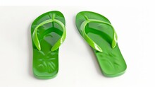 A Pair Of Green Flip Flops On A White Background.
