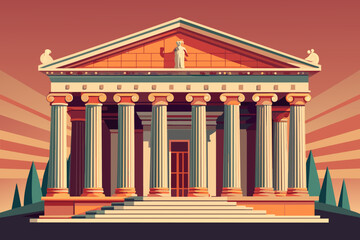 Illustration of a classical building with a grand portico, topped by a triangular pediment supported by columns, set against a clear sky, with stylized trees on either side.